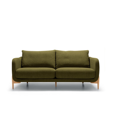 Canapé SITS 2 places en tissu bouclette Jenny coloris mustard green avec pieds bois - Vue de face I Axodeco.fr