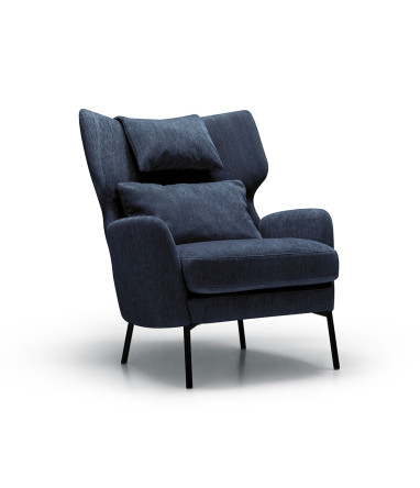 Fauteuil SITS en velours chenillé Alex coloris dark blue avec pieds métal et repose-tête -  Vue latérale I Axodeco.fr