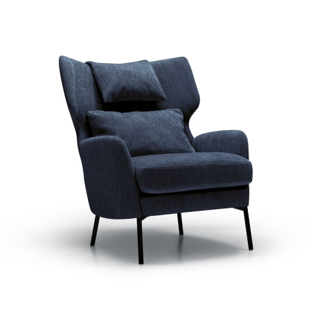 Fauteuil SITS en velours chenillé Alex coloris dark blue avec pieds métal et repose-tête -  Vue latérale I Axodeco.fr