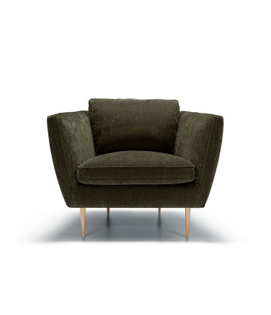 Fauteuil SITS en velours chenillé coloris kaki Teddy avec pieds bois - Vue de face | Axodeco.fr