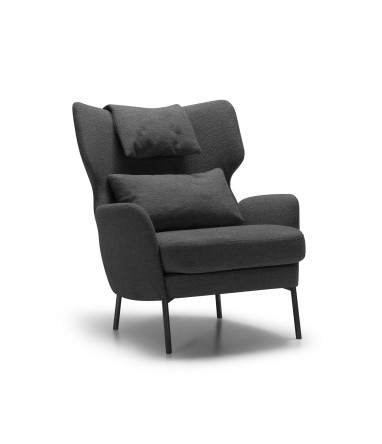 Fauteuil SITS en tissu bouclette Alex coloris Steel Grey avec pieds métal et repose-tête -  Vue latérale I Axodeco.fr