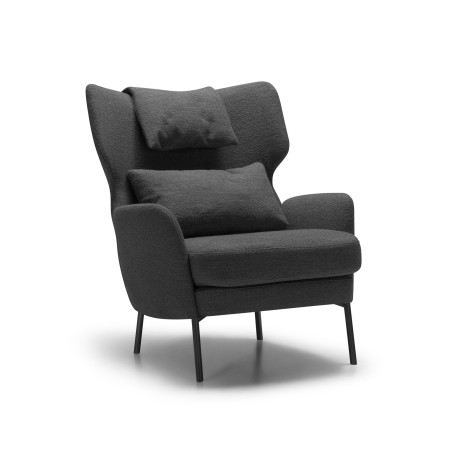 Fauteuil SITS en tissu bouclette Alex coloris Steel Grey avec pieds métal et repose-tête -  Vue latérale I Axodeco.fr