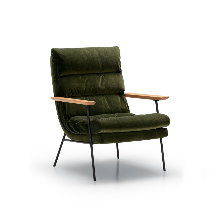Fauteuil SITS tissu velours Bill coloris forest green avec accoudoirs plats - Vue latérale I Axodeco.fr
