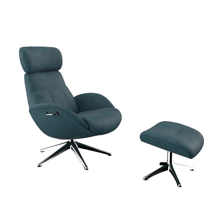 Fauteuil Flexlux en tissu chenille ELEGANT coloris midnight blue avec pied pivotant et repose pieds - Vue latérale I Axodeco.fr